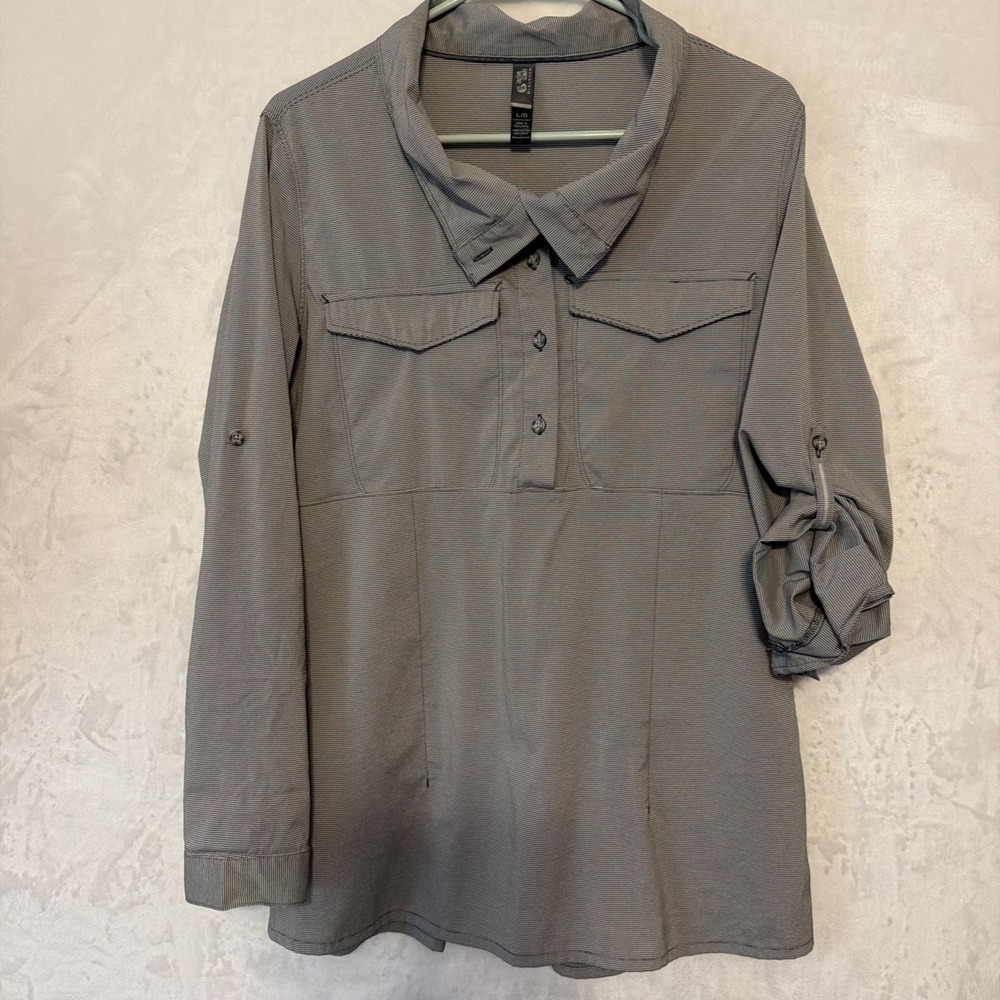 Mountain Hardware Long/roll Sleeve Gray Striped Breathable Size Large Top Blouse